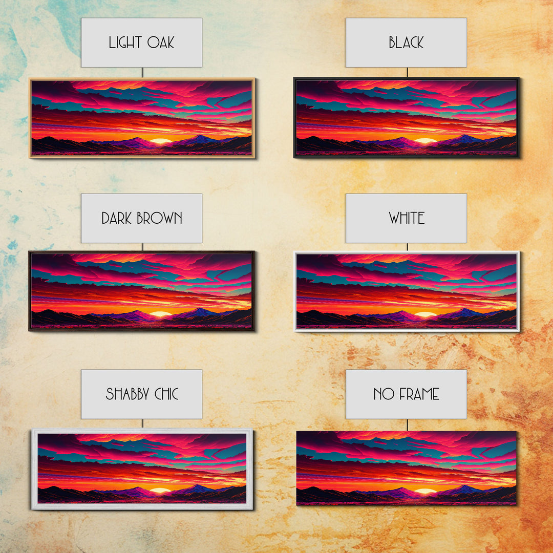 Panoramic Framed Canvas Print | Desert Mountain Landscape Synthwave Sunset | Living Room, Bedroom, Dining Room, Office