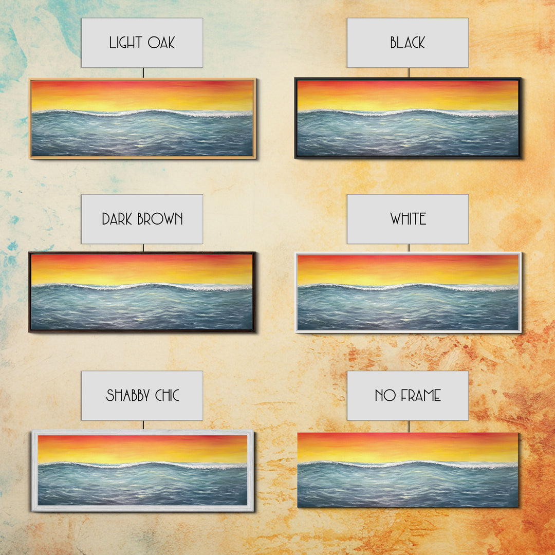 Seascape Canvas Art Print, Ocean, Waves, Horizon, Sunset, Orange, Blue, Yellow, Nature, Wall Decor, Panoramic, Wall Art, Canvas Print