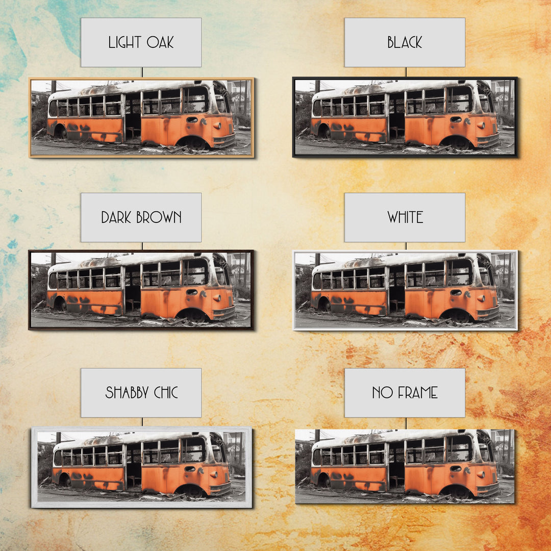 Old Burned Down Orange Bus, Abandoned Bus, Wall Decor, Bus Wreckage Canvas Art Print, Panoramic, Wall Art, Canvas Print