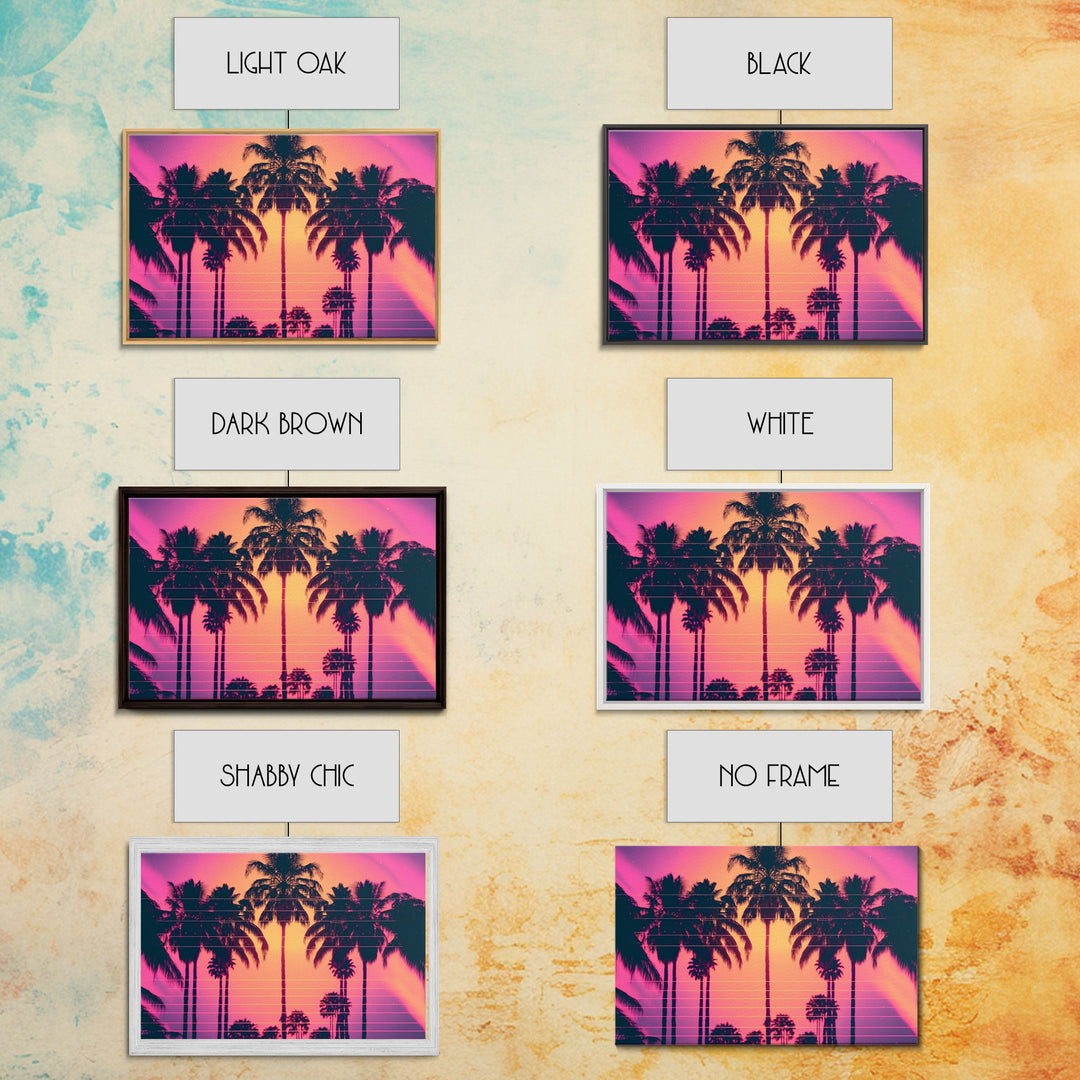 Synthwave Sunset Art, Framed Canvas Print, Palm Tree 80s Vibe Wall Art