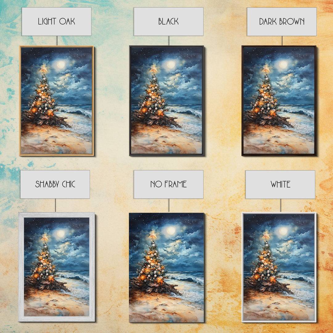 Christmas Tree On The Beach, Framed Canvas Print, gallery wall, Christmas Poster, Xmas Prints