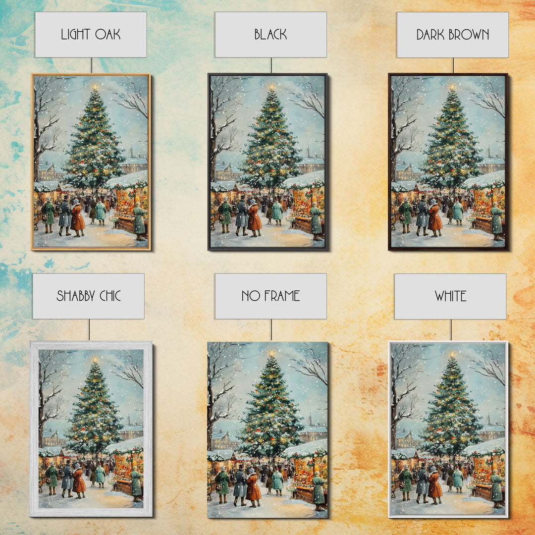 Snowy Christmas Market with Decorated Stalls and Large Holiday Tree, Framed Canvas Print for Vintage Christmas Wall Decor