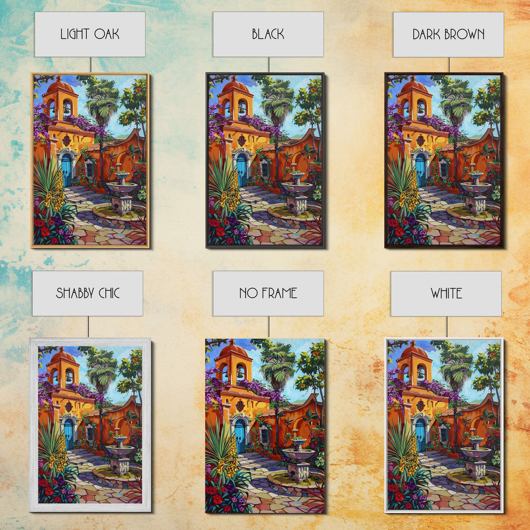 Vibrant Mexican Style Architecture Framed Canvas Print Tall Art Featuring Colorful Homes And Nature