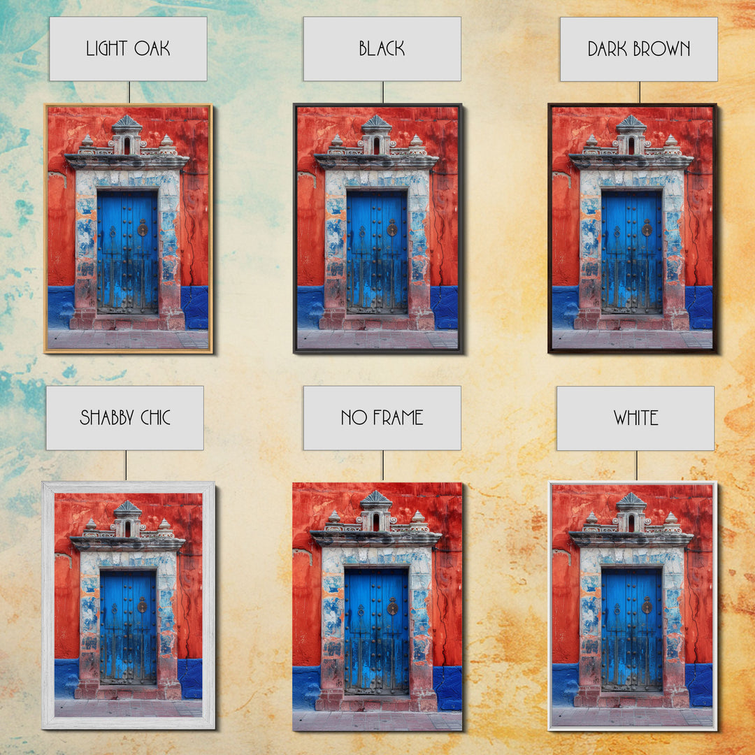 Tall Art Framed Canvas Print Of Mexican Style Blue Door And Red Walls With Vibrant Flowers