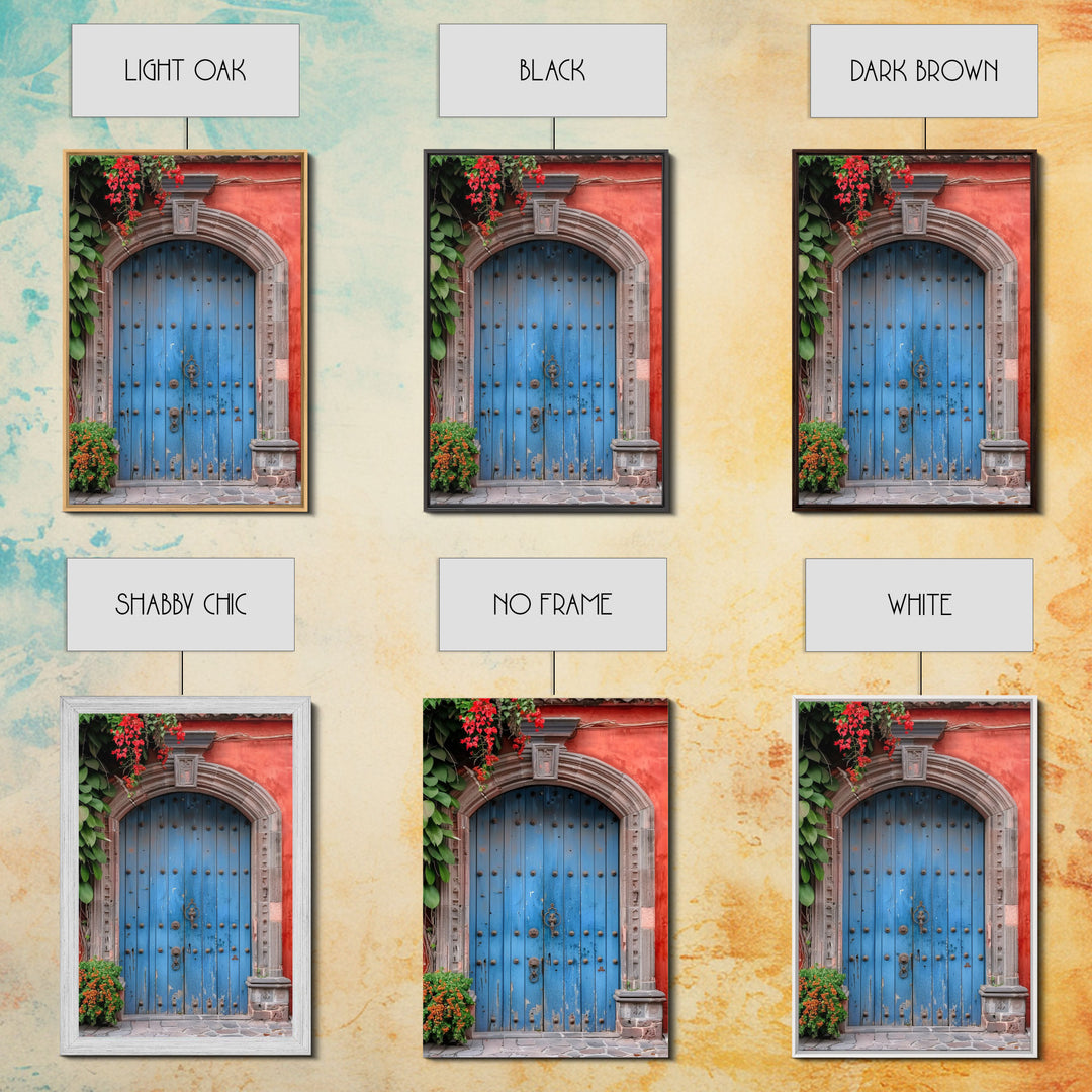 Traditional Mexican Style Rustic Blue Door Tall Art Framed Canvas Print Featuring Detailed Architecture