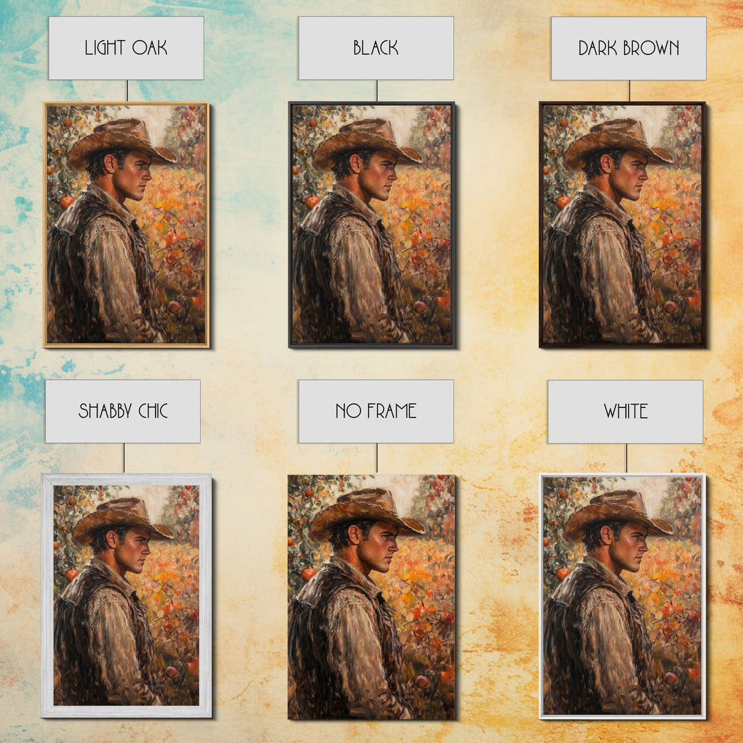 Thoughtful Cowboy in Orchard Canvas Print with Fall Colors, Rustic Western Art, Autumn Decor Gift, Vintage Wall Art, Large Canvas Print