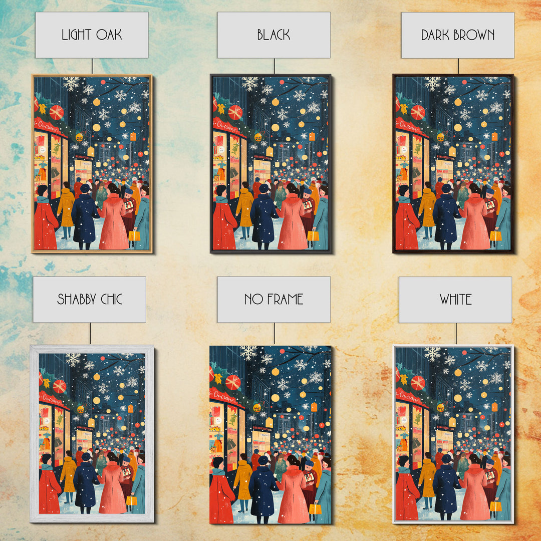 Retro City Christmas Shopping Scene Framed Canvas Print Tall Art With People In Coats And Snow, Vintage Holiday Wall Art Decor