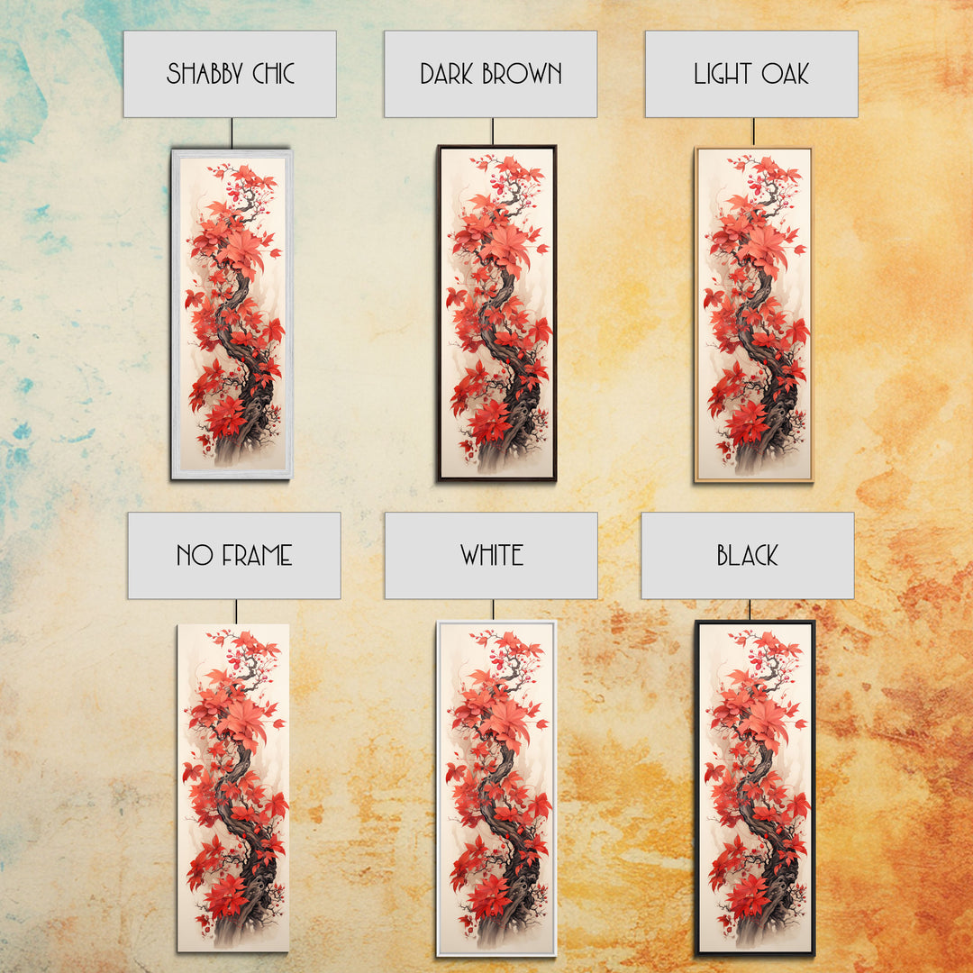 Twisting Red Vine With Autumn Berries, Skinny Tall Canvas Art Perfect For Feng Shui-Inspired Japanese Style Wall Art