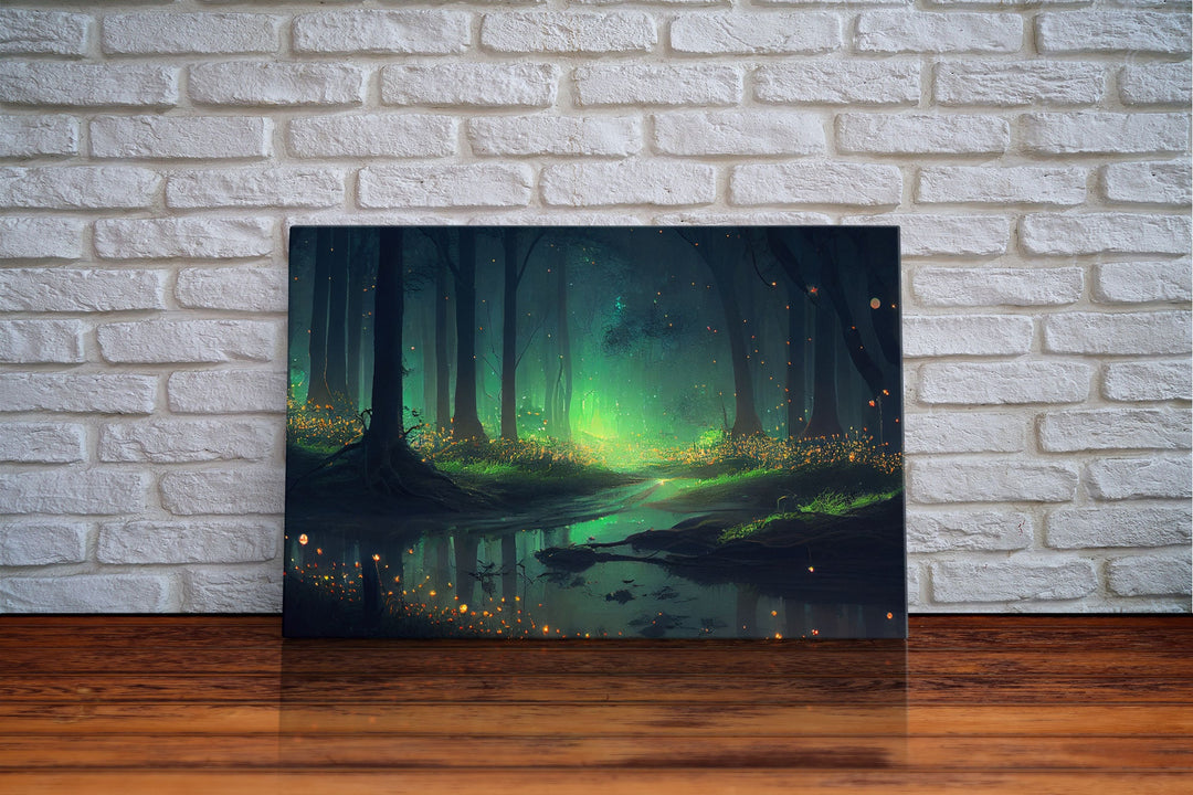 Fireflies light up a mystical fantasy forest, framed canvas art, framed print