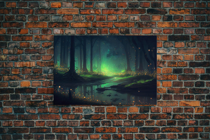 Fireflies light up a mystical fantasy forest, framed canvas art, framed print