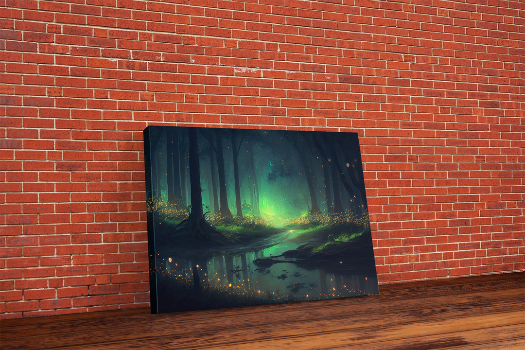 Fireflies light up a mystical fantasy forest, framed canvas art, framed print