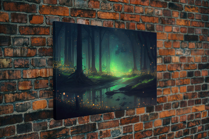 Fireflies light up a mystical fantasy forest, framed canvas art, framed print