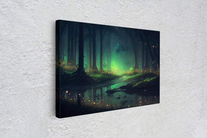 Fireflies light up a mystical fantasy forest, framed canvas art, framed print