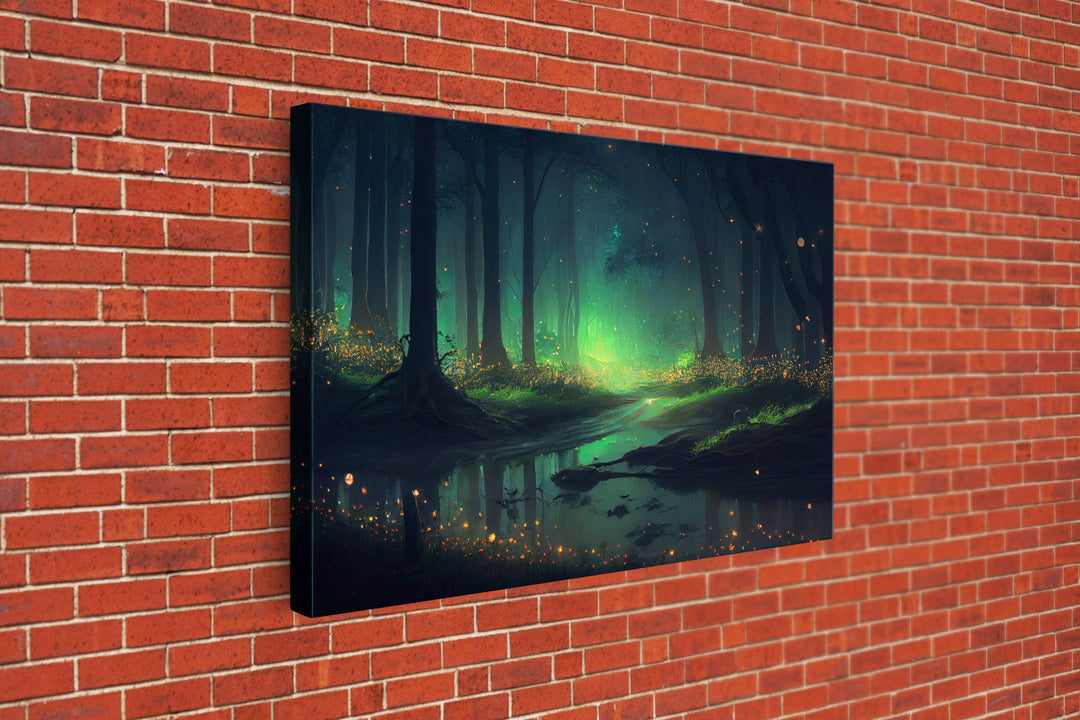 Fireflies light up a mystical fantasy forest, framed canvas art, framed print