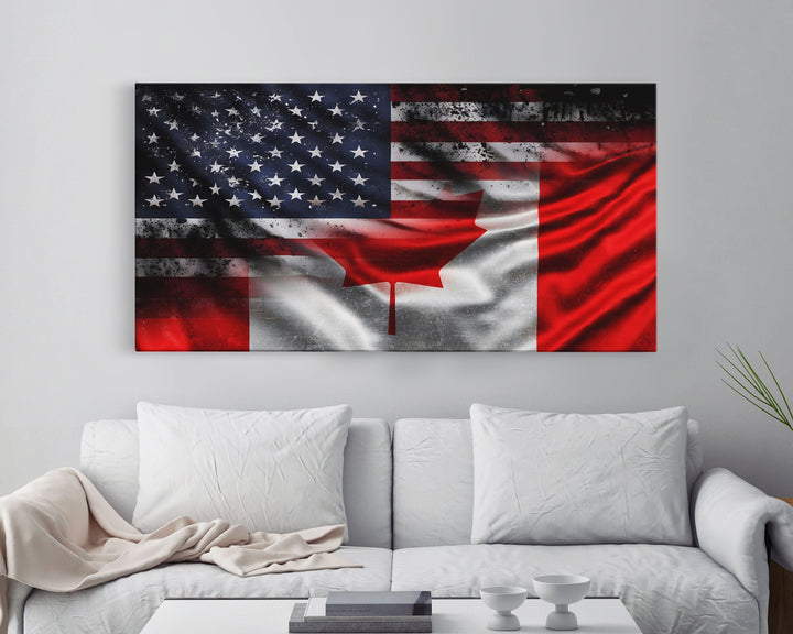 American and Canadian Flag Mashup, Canada Flag, Framed Canvas Print, American Flag Art Patriotic Immigrant Art Heritage Dual Citizenship Art