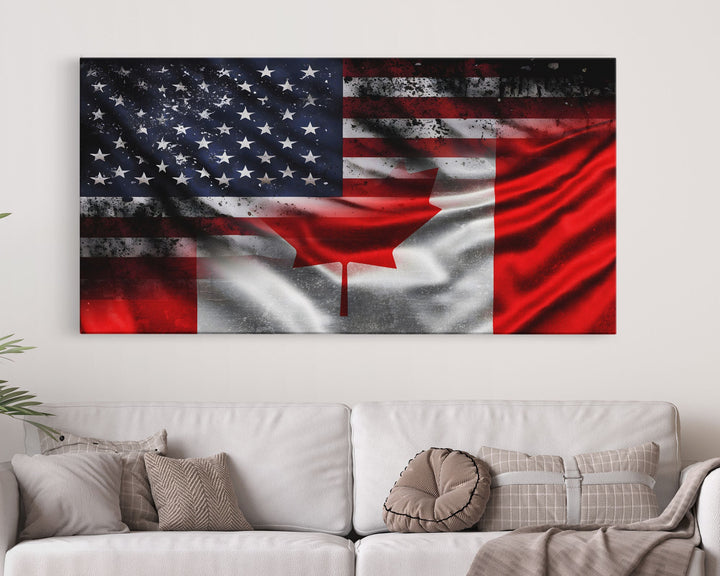 American and Canadian Flag Mashup, Canada Flag, Framed Canvas Print, American Flag Art Patriotic Immigrant Art Heritage Dual Citizenship Art