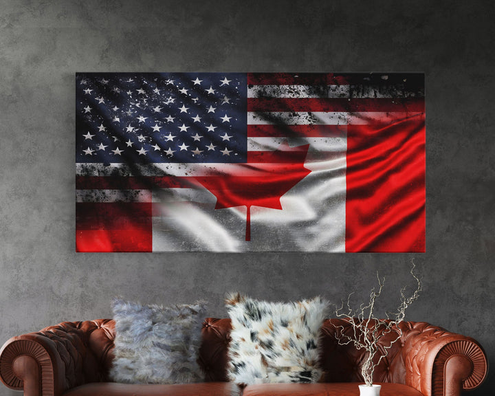 American and Canadian Flag Mashup, Canada Flag, Framed Canvas Print, American Flag Art Patriotic Immigrant Art Heritage Dual Citizenship Art