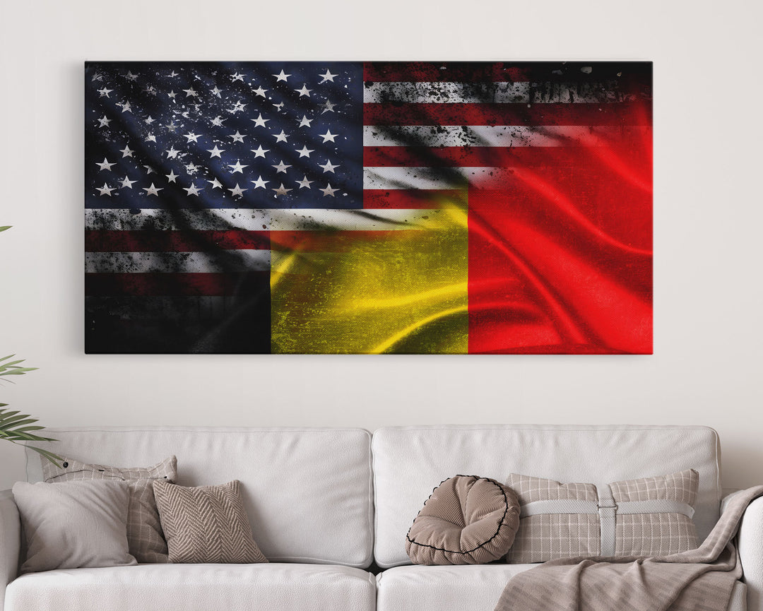 American and Belgium Flag Mashup, Belgium Flag, Framed Canvas Print, Framed American Flag Art, Patriotic Immigrant Art