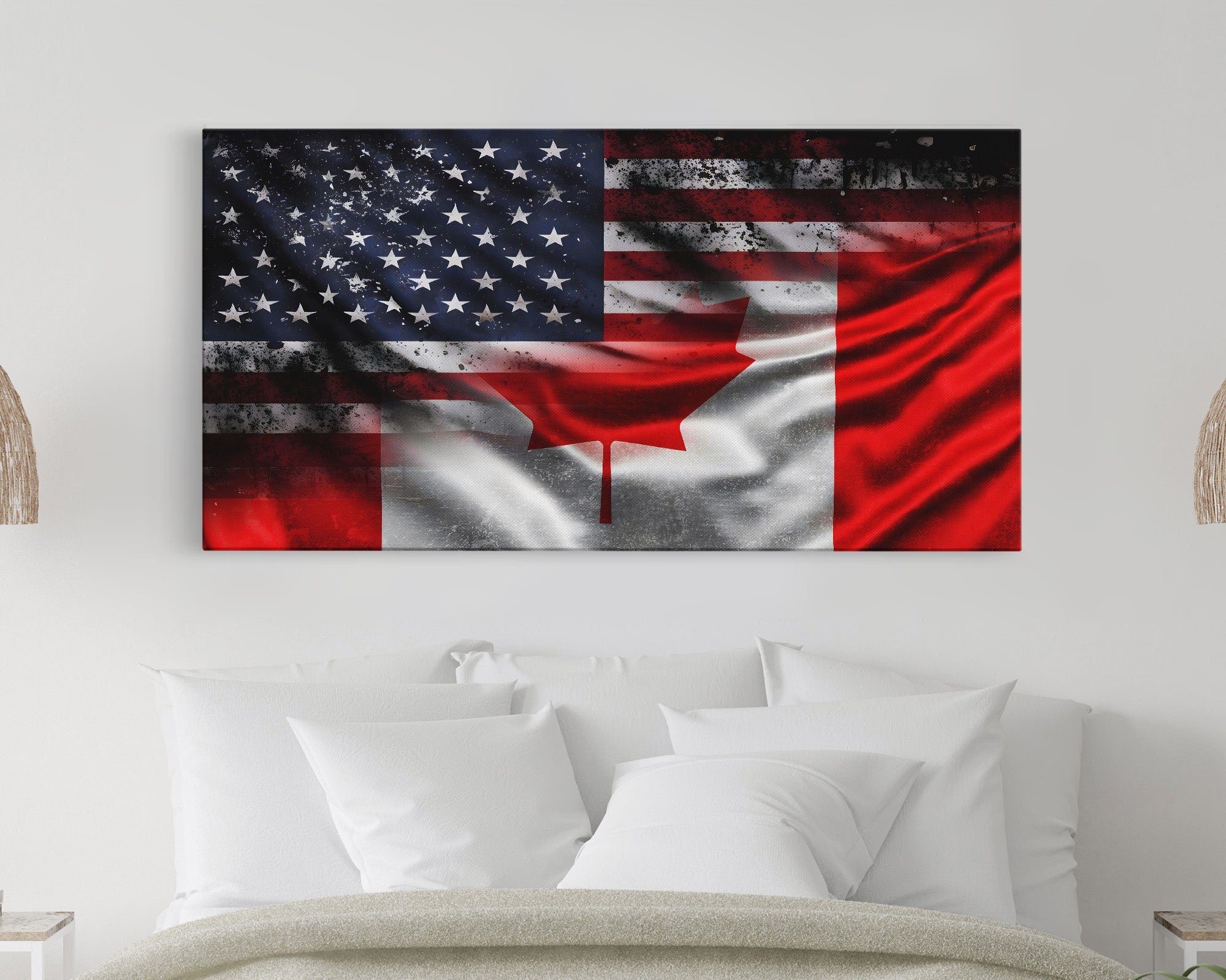 American and Canadian Flag Mashup, Canada Flag, Framed Canvas Print, American Flag Art Patriotic Immigrant Art Heritage Dual Citizenship Art