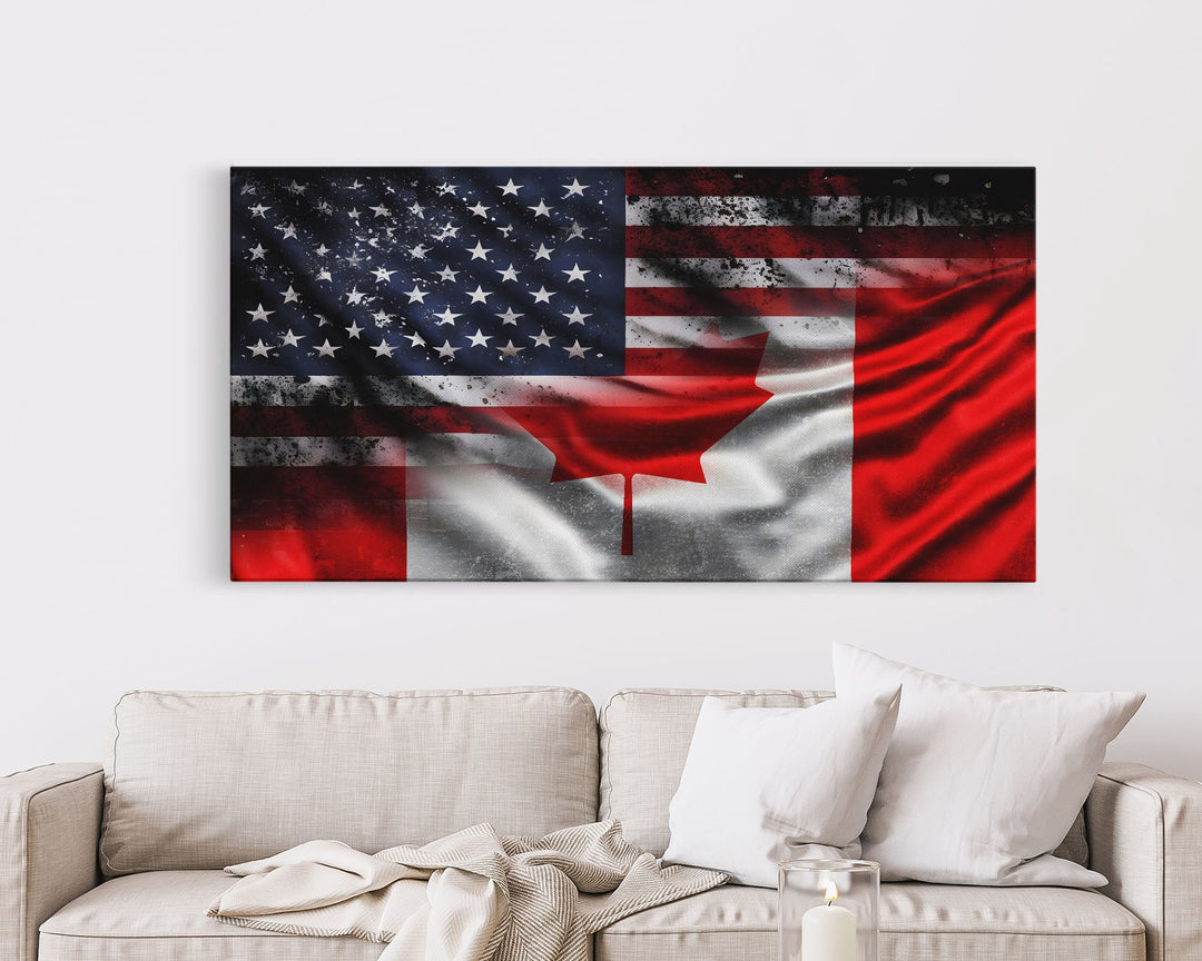 American and Canadian Flag Mashup, Canada Flag, Framed Canvas Print, American Flag Art Patriotic Immigrant Art Heritage Dual Citizenship Art