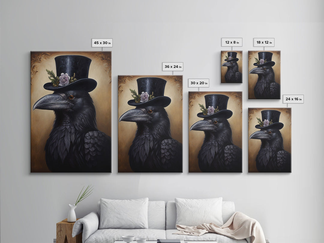 Gothic Raven Vintage Canvas, Art Canvas Print, Framed Canvas, Home Decor, Victorian Crow, Funny Halloween Art, Dark Academia Portrait