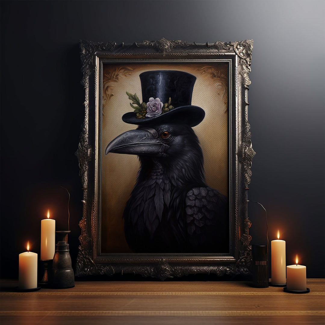 Gothic Raven Vintage Canvas, Art Canvas Print, Framed Canvas, Home Decor, Victorian Crow, Funny Halloween Art, Dark Academia Portrait