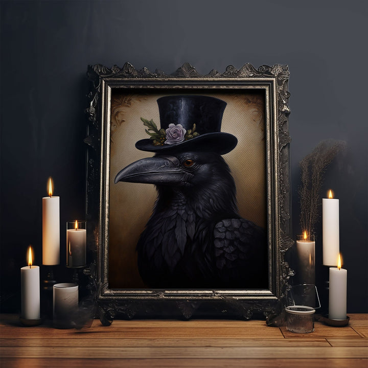 Gothic Raven Vintage Canvas, Art Canvas Print, Framed Canvas, Home Decor, Victorian Crow, Funny Halloween Art, Dark Academia Portrait