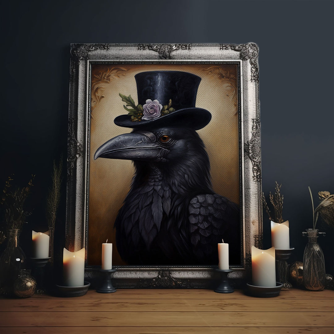 Gothic Raven Vintage Canvas, Art Canvas Print, Framed Canvas, Home Decor, Victorian Crow, Funny Halloween Art, Dark Academia Portrait