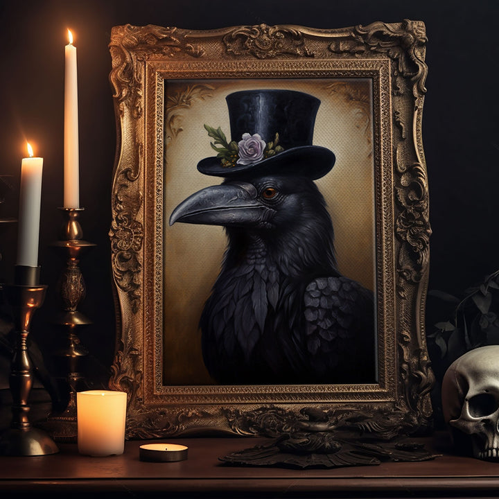 Gothic Raven Vintage Canvas, Art Canvas Print, Framed Canvas, Home Decor, Victorian Crow, Funny Halloween Art, Dark Academia Portrait