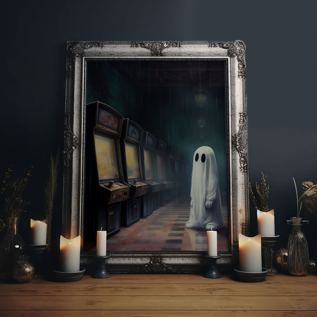 Ghost in an Abandoned Arcade, Nostalgia Canvas, Art Canvas Print, Dark Academia, Gothic Retro, Game Room Art, Halloween Decoration