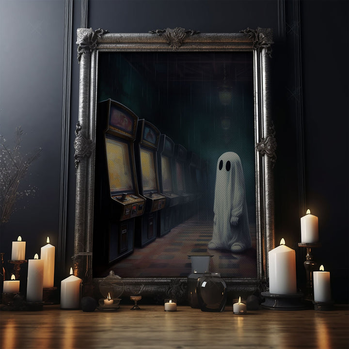 Ghost in an Abandoned Arcade, Nostalgia Canvas, Art Canvas Print, Dark Academia, Gothic Retro, Game Room Art, Halloween Decoration