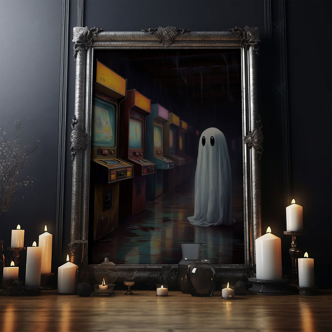 Ghost in an Abandoned Arcade, Nostalgia Canvas, Art Canvas Print, Dark Academia, Gothic Retro, Game Room Art, Halloween Decoration