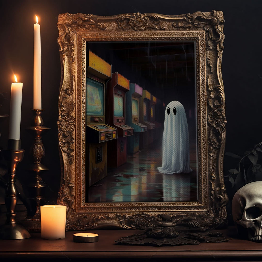 Ghost in an Abandoned Arcade, Nostalgia Canvas, Art Canvas Print, Dark Academia, Gothic Retro, Game Room Art, Halloween Decoration