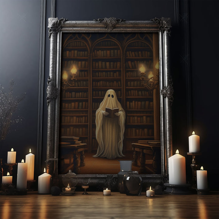 The Spooky Bookshop, Spooky Ghost, Fine Art Print, Halloween Wall Art, Fall Artwork, Halloween, Spooky Haunted Library, White Sheet Ghost