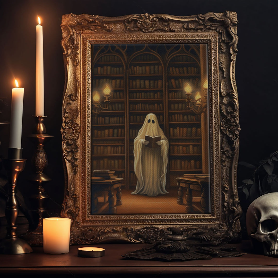 The Spooky Bookshop, Spooky Ghost, Fine Art Print, Halloween Wall Art, Fall Artwork, Halloween, Spooky Haunted Library, White Sheet Ghost