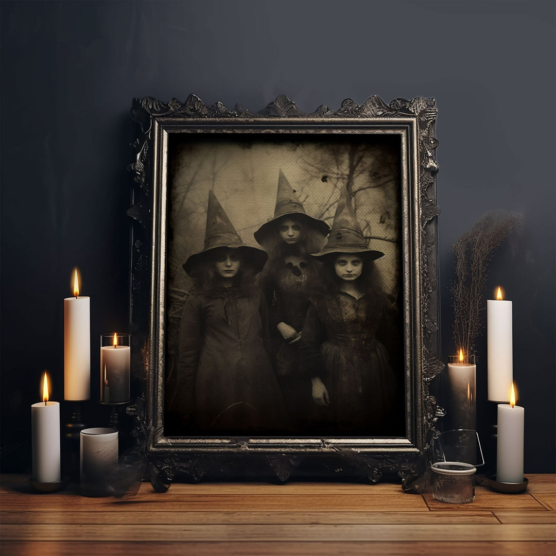 Spooky Witches Art Print, Antique Style Sepia Tone Tintype Photograph Print, Canvas Print, Vintage Halloween Decor, Gothic Witch Wall Art