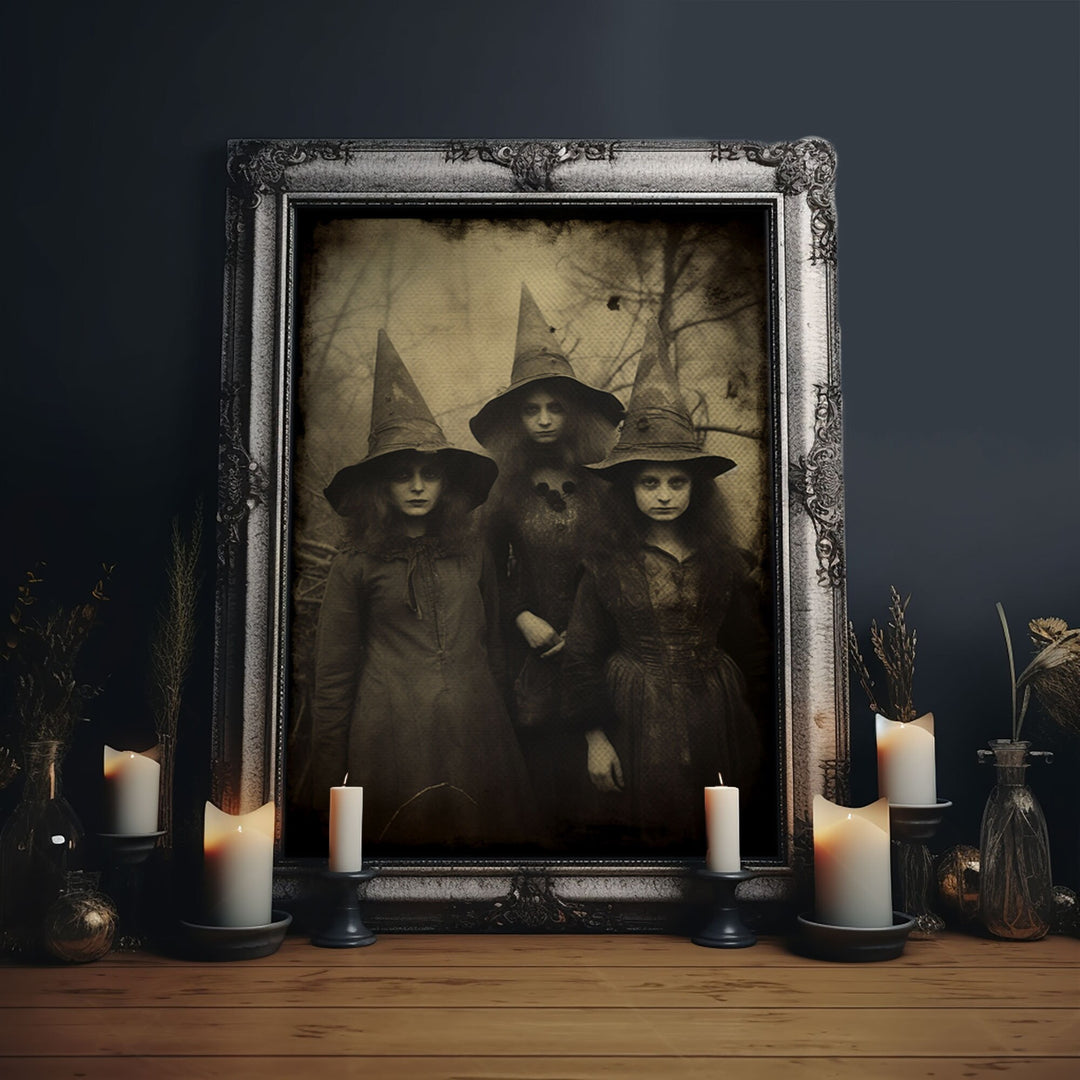 Spooky Witches Art Print, Antique Style Sepia Tone Tintype Photograph Print, Canvas Print, Vintage Halloween Decor, Gothic Witch Wall Art