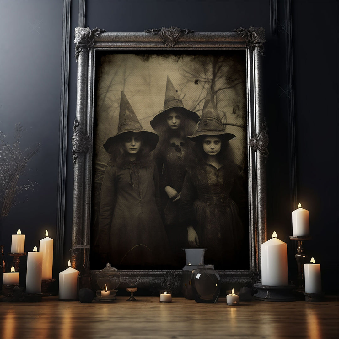 Spooky Witches Art Print, Antique Style Sepia Tone Tintype Photograph Print, Canvas Print, Vintage Halloween Decor, Gothic Witch Wall Art