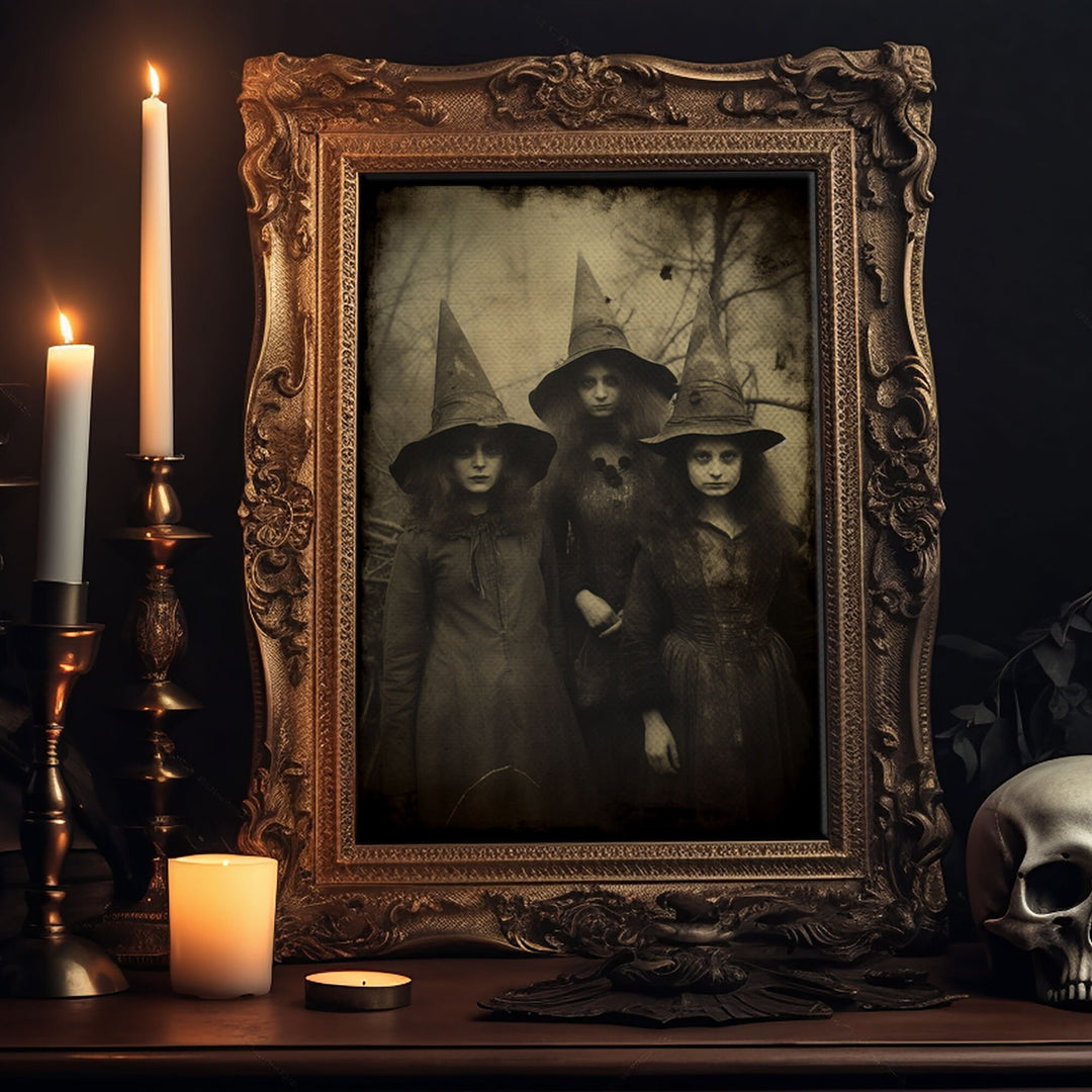 Spooky Witches Art Print, Antique Style Sepia Tone Tintype Photograph Print, Canvas Print, Vintage Halloween Decor, Gothic Witch Wall Art