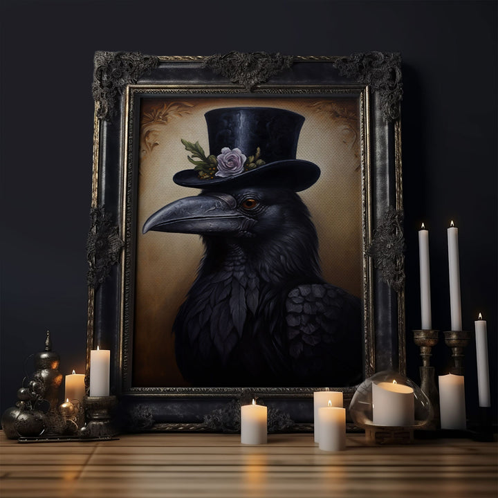 Gothic Raven Vintage Canvas, Art Canvas Print, Framed Canvas, Home Decor, Victorian Crow, Funny Halloween Art, Dark Academia Portrait