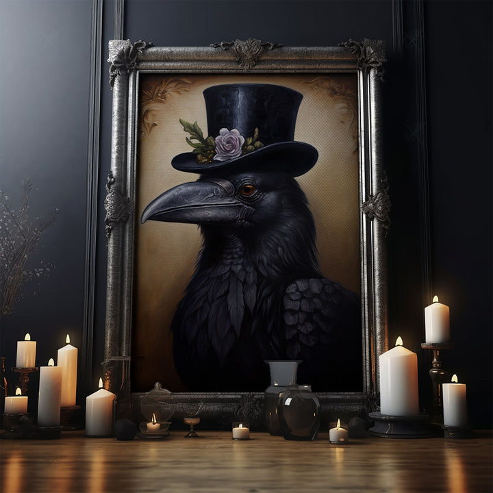 Gothic Raven Vintage Canvas, Art Canvas Print, Framed Canvas, Home Decor, Victorian Crow, Funny Halloween Art, Dark Academia Portrait