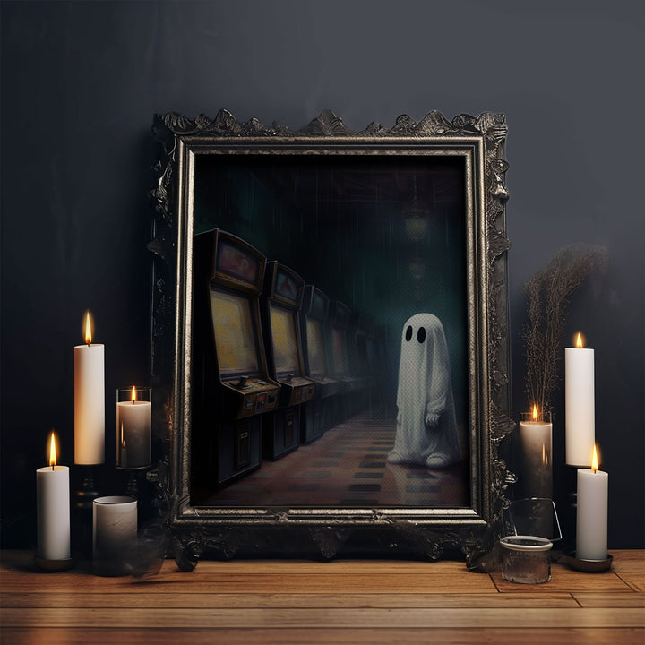 Ghost in an Abandoned Arcade, Nostalgia Canvas, Art Canvas Print, Dark Academia, Gothic Retro, Game Room Art, Halloween Decoration