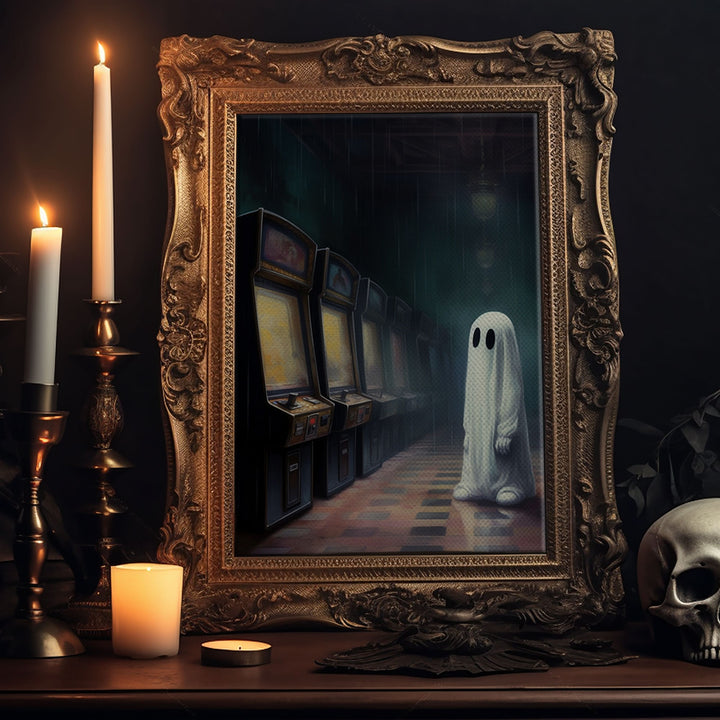 Ghost in an Abandoned Arcade, Nostalgia Canvas, Art Canvas Print, Dark Academia, Gothic Retro, Game Room Art, Halloween Decoration