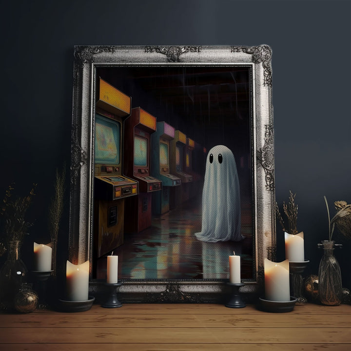 Ghost in an Abandoned Arcade, Nostalgia Canvas, Art Canvas Print, Dark Academia, Gothic Retro, Game Room Art, Halloween Decoration