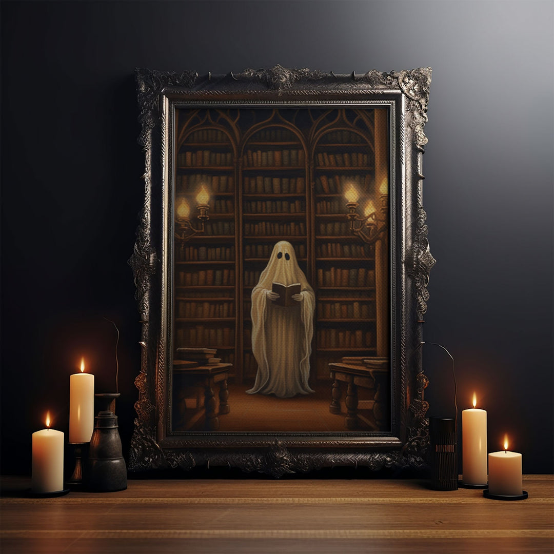 The Spooky Bookshop, Spooky Ghost, Fine Art Print, Halloween Wall Art, Fall Artwork, Halloween, Spooky Haunted Library, White Sheet Ghost