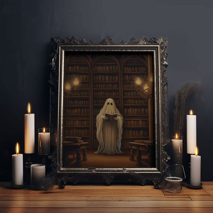 The Spooky Bookshop, Spooky Ghost, Fine Art Print, Halloween Wall Art, Fall Artwork, Halloween, Spooky Haunted Library, White Sheet Ghost