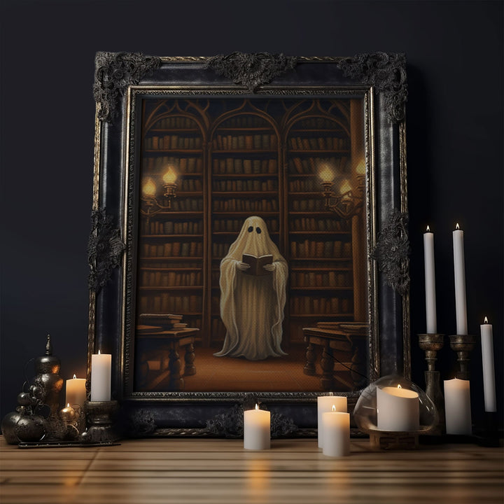 The Spooky Bookshop, Spooky Ghost, Fine Art Print, Halloween Wall Art, Fall Artwork, Halloween, Spooky Haunted Library, White Sheet Ghost