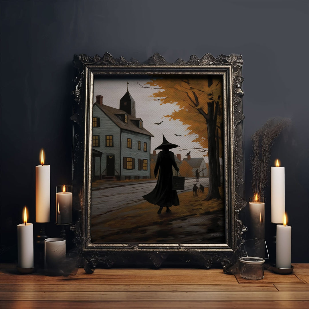 Salem Witch With Her Black Cats, Halloween Landscape Vintage Style Folk  Art, Horror Art, Haunted Church, Spooky Village Halloween Art