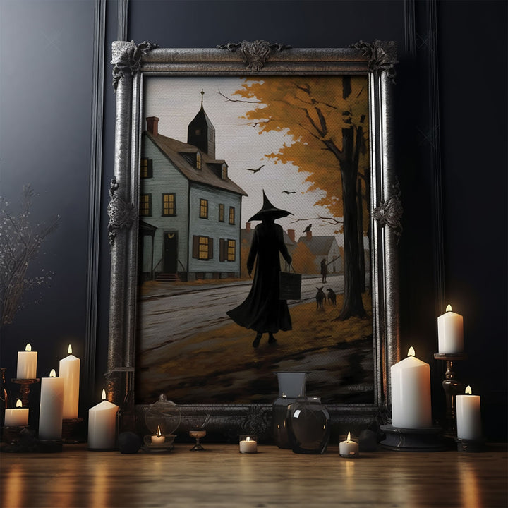 Salem Witch With Her Black Cats, Halloween Landscape Vintage Style Folk  Art, Horror Art, Haunted Church, Spooky Village Halloween Art