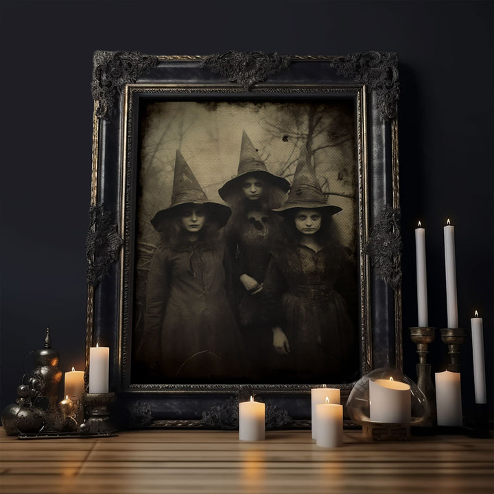 Spooky Witches Art Print, Antique Style Sepia Tone Tintype Photograph Print, Canvas Print, Vintage Halloween Decor, Gothic Witch Wall Art